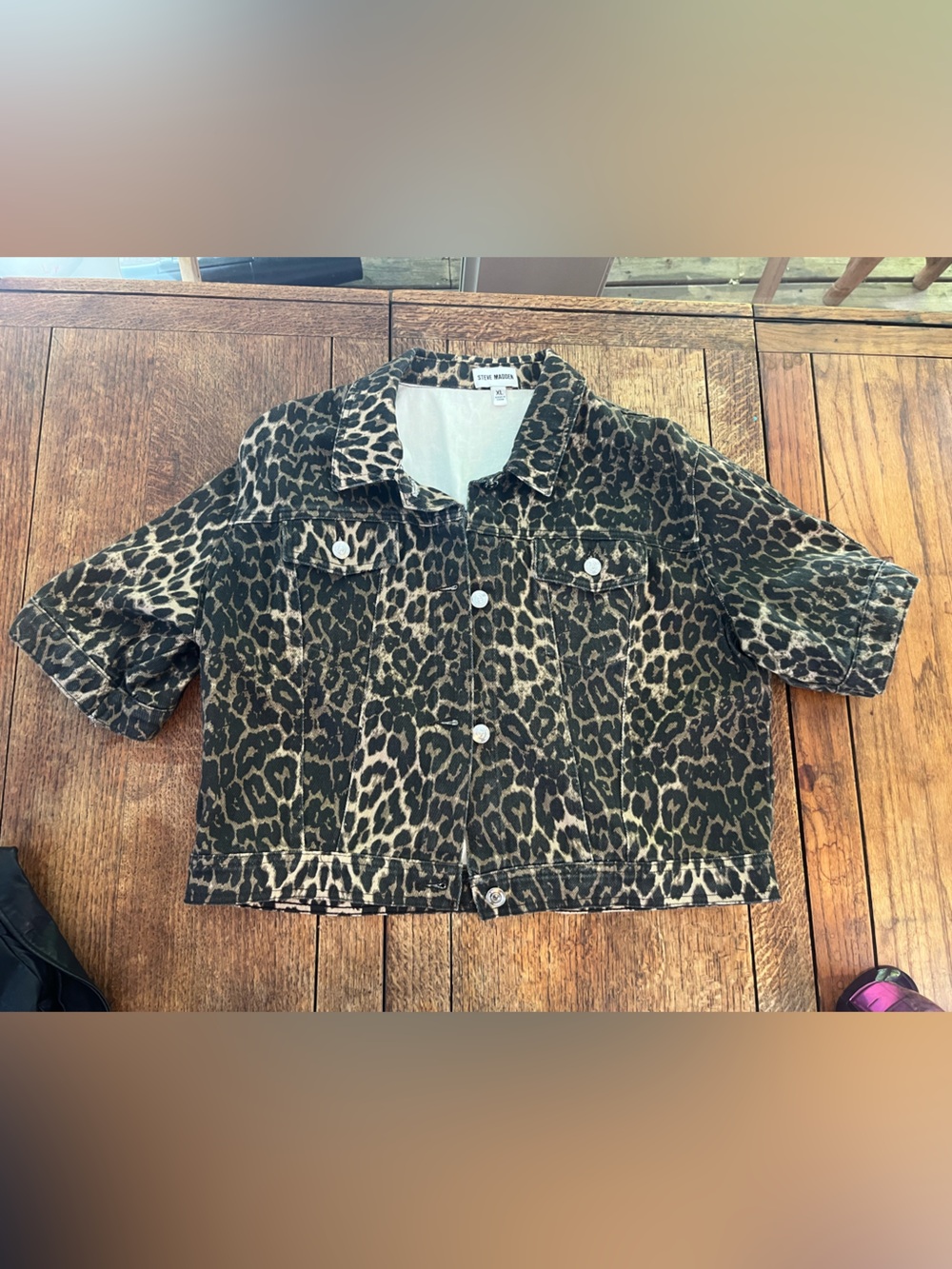 Steve Madden Leopard Print Shirt Sleeve Denim Jacket casual spring Jean‎ punk